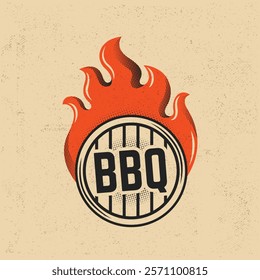 BBQ logo template with a flaming grill design. Vintage emblem for barbecue restaurants, steak houses, or grill parties. Trendy retro vector illustration.