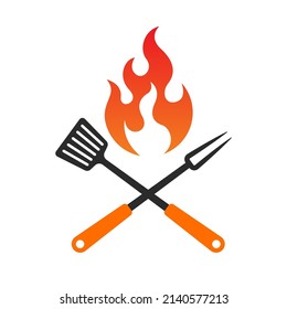 BBQ logo vector illustration with burning flame barbecue fork and spatula Flat design style Icon