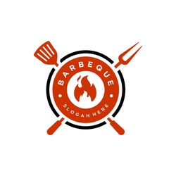 BBQ Logo, Vintage Hipster Grill Badge Barbeque Logo Icon. Invitation Party Barbecue Bbq With Crossed Fork Spatula And Fire Flame Logo Design