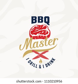 BBQ Master Vintage Vector Label, Card, Emblem or Logo Template. Retro Typography and Meat Texture. Steak Silhouette with Knives and Fire. Isolated.