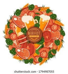 BBQ meat, beer and barrel on white isolated backdrop. Oktoberfest frame for invitation or gift card, notebook, bath tile, scrapbook. Phone case or cloth print art. Flat style stock vector illustration