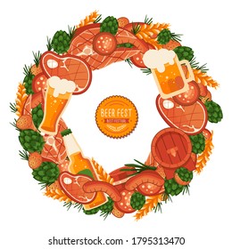 BBQ meat, beer and barrel on white isolated backdrop. Oktoberfest frame for invitation or gift card, notebook, bath tile, scrapbook. Phone case or cloth print art. Flat style stock vector illustration