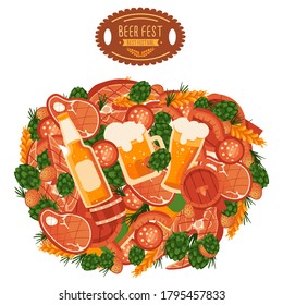 BBQ meat, beer and barrel on white isolated backdrop. Oktoberfest flyer for invitation or gift card, notebook, bath tile, scrapbook. Phone case or cloth print art. Flat style stock vector illustration