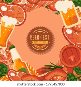 BBQ meat and beer with copy space on beige backdrop. Oktoberfest poster for invitation or gift card, notebook, bath tile, scrapbook. Phone case or cloth print art. Flat style stock vector illustration