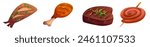 Bbq meat and fish cartoon set. Vector illustration collection of grilled fishery, chicken or turkey leg, pork or beef steak, sausage on stick. Roasted cocked barbecue meal for outdoor picnic party.
