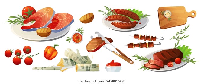 Grill Fleisch und Fisch Kollektion. Cartoon Vektorillustration Set von Lebensmitteln für Grillkochen im Freien - Steak und Wurst, Gemüse und Saucen, Essen auf Spieß und Brennholz. Picknickessen vom Grill.