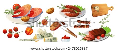 Bbq meat and fish collection. Cartoon vector illustration set of food for outdoor grill cooking - steak and sausage, vegetables and sauces, food on skewer and firewood. Barbeque picnic meal.
