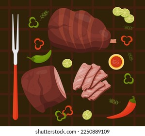Carne de barbacoa. Carne de buey a la parrilla y pierna de cerdo frita con salsa, chile y cal. La popular comida mexicana a la parrilla. Vista desde arriba. Ilustración vectorial de la comida nacional hispana
