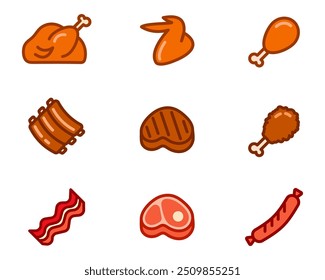 BBQ meat icon set. Grilled turkey sign. Beef steak symbol. Butcher color illustration. Roasted pork ribs pictogram.