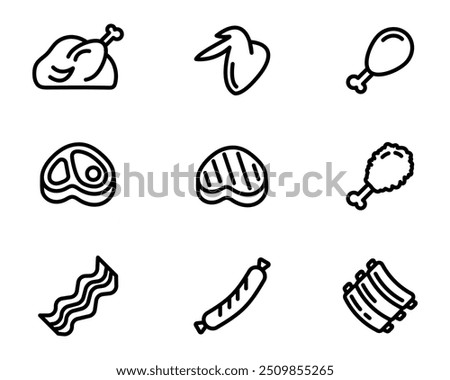 BBQ meat icon set. Grilled turkey sign. Beef steak symbol. Butcher color illustration. Roasted pork ribs pictogram.