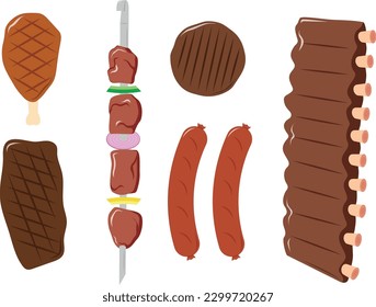 BBQ meat, kebab, steak, cutlet, chicken leg, sausages and ribs, vector illustration