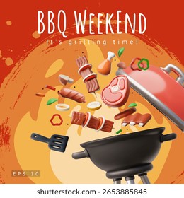 churrasco e carne com grelha, salsicha, bife, frango, costelas e vegetais. Ilustração vetorial de renderização 3D para pôster ou banner.