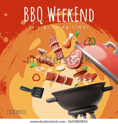 BBQ and meat set with grill, sausage, steak, chicken, ribs, and vegetables. 3D render vector illustration for poster or banner.