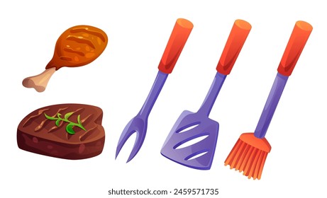 Bbq meat and tools cartoon collection. Vector illustration set of grill meal and supplies for cooking - chicken or turkey leg on bone, pork or beef steak and spatula, fork and brush for barbecue.