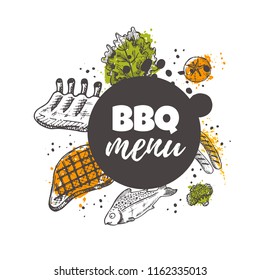Bbq menu concept design. Grill house. Hand drawn vector illustration. Can be used for harvest festival, farmers market, shop, barbeque, truck, restaurant, cafe, bar, poster, label, sticker, logo.