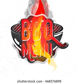 BBQ menu label, badge, emblem with barbecue grill and cartoon flame