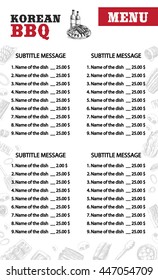 BBQ menu. Vector restaurant cafe menu design. Korean barbecue. With hand-drawn food.