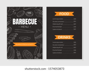 BBQ Menu Vector Template with Hand Drawn Grilled Food and Cooking Tools