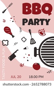 Cartaz minimalista para churrasco. Convites para festas de churrasco. Cartaz de cozinha ao ar livre. Elementos culinários para churrasco: grelha, espátula, garfo, sal, chamas, perna de frango, tomate, alecrim, cutelo. Ilustração vetorial. 