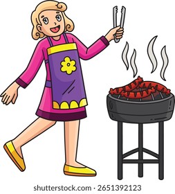 Churrasco e Mãe Grilling Sausages Cartoon Clipart 