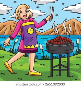 churrasco e mamãe enchidos de grelhar desenhos animados coloridos 