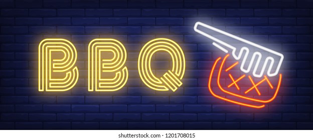 BBQ neon sign. Grilled steak and meat tongs on brick wall background. Vector illustration in neon style for barbecue restaurant, picnic, party
