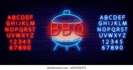 Placa de néon para churrasco. Barra de churrasqueira. Convite para a festa do churrasco. Alfabeto vermelho e azul brilhante. Ilustração de estoque vetorial