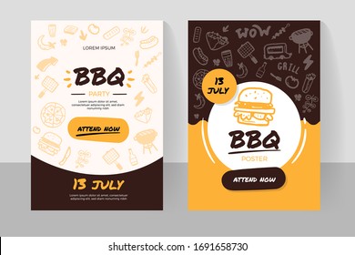 BBQ online order doodle banner with grill icons, burger, promotion design, restaurant template