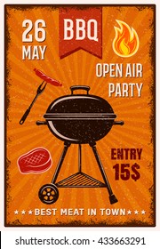 BBQ open air party vintage poster with grill in center sausage steak on orange background vector illustration 