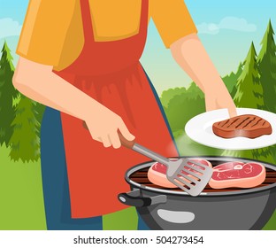 Bbq outdoor conceptual background with forest landscape barbecue grill and human with turner cooking meat flat vector illustration