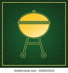 BBQ outdoor grill sign. Golden icon with gold contour at dark green gridded white background. Illustration.