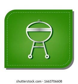 BBQ outdoor grill sign. Silver gradient line icon with dark green shadow at ecological patched green leaf. Illustration.