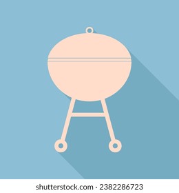 BBQ outdoor grill sign. Unbleached silk Icon with very long shadow at dark sky blue background. Illustration.
