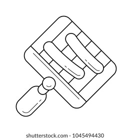 Cubeta de parrilla para parrilla sobre icono de línea vectorial de llama aislado en fondo blanco. Salchichas para parrilla en el icono de la línea de llama para infografía, sitio web o aplicación. Icono diseñado en un sistema de cuadrícula.