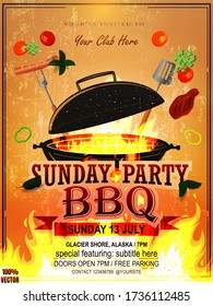 BBQ party a4 invitation template. Summer Barbecue weekend flyer, banner or poster. Grill illustration with food sketches. Design template for menu, poster, announcement. Vector eps 10.
