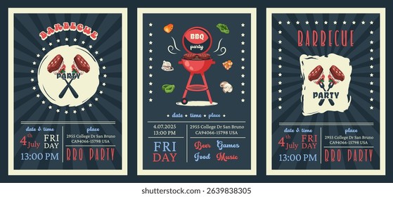 BBQ party. American 4th of July Celebration. Set of Set of barbecue invitation. Holiday card, poster, banner, flyer template for bbq picnic. Vector illustration