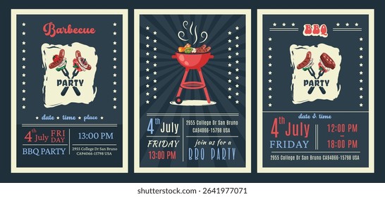 BBQ party. American 4th of July Celebration. Set of Set of barbecue invitation. Holiday card, poster, banner, flyer template for bbq picnic. Vector illustration with brazier, steaks, vegetables