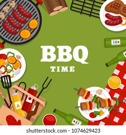 Bbq Party Background With Grill. Barbecue Poster. Flat Style, Vector Illustration. 