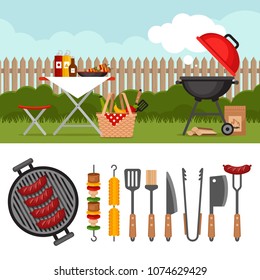 Bbq party background with grill. Barbecue poster. Bbq tools set. Barbecue grill  isolated elements. Flat style, vector illustration. 