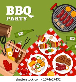 Bbq party background with grill. Barbecue poster. Flat style, vector illustration. 