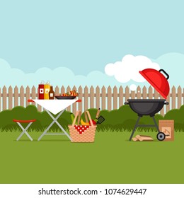 Bbq party background with grill. Barbecue poster. Flat style, vector illustration. 