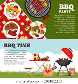 Bbq party background with grill. Barbecue poster. Flat style, vector illustration. 