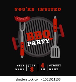 Bbq party background with grill. Barbecue poster. Flat style, vector illustration. 