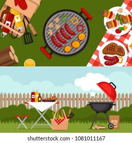 Bbq party background with grill. Barbecue poster. Flat style, vector illustration. 