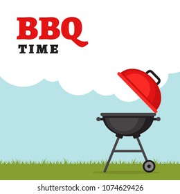 Bbq party background with grill and fire. Barbecue poster. Flat style, vector illustration.