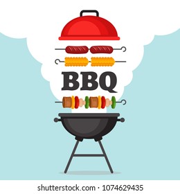 Bbq party background with grill and fire. Barbecue poster. Flat style, vector illustration.