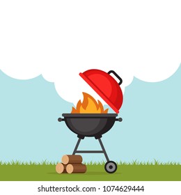 Bbq party background with grill and fire. Barbecue poster. Flat style, vector illustration.