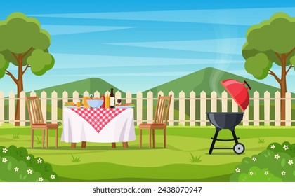 Grillparty im Hinterhof mit Zaun, Bäumen, Büschen. Picknick mit Grill auf Sommerrasen im Park oder Gartenessen auf Tisch, Stühlen. Vektor-Illustration im flachen Design