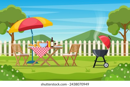 bbq party in the backyard with fence, trees, bushes. picnic with barbecue on summer lawn in park or garden food on table, chairs and umbrella. vector illustration in flat design