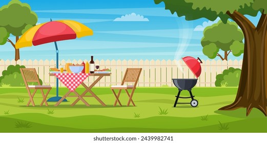 bbq party in the backyard with fence, trees, bushes. picnic with barbecue on summer lawn in park or garden food on table, chairs and umbrella. vector illustration in flat design